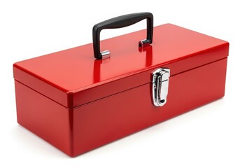 A shiny red metal toolbox with a black handle on a white background
