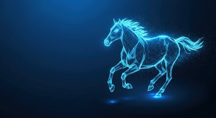 A running horse made of glowing blue digital lines