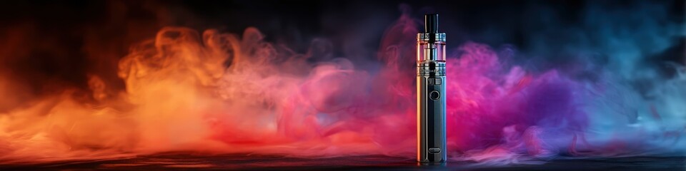 Obraz premium Sleek metallic vape device (e-cigarette) in vibrant, colorful smoke and reflection