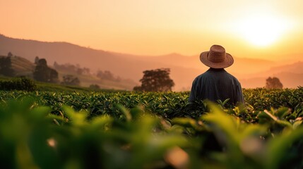 Fototapeta premium Wide horizontal shot of a farmer seen from behind, viewing crops against a mountain sunset