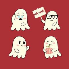 A set of four cute ghost illustrations with various expressions and accessories, including a sign, glasses, and a pumpkin. Perfect for Halloween or spooky-themed designs.