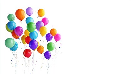A cluster of colorful balloons ascends against a plain white background, filled with celebratory confetti ribbons.