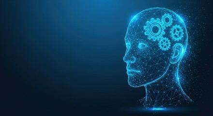 Digital AI head with glowing gears representing the thinking process