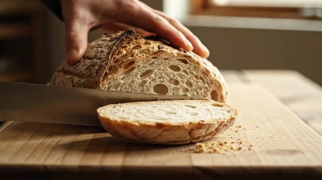 Slicing Fresh Bread: Close-Up of Knife Cutting Crusty Loaf on Wood Board