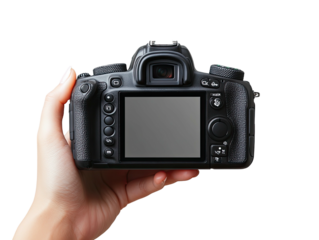 Hand holding the back of a black digital camera against a dark background