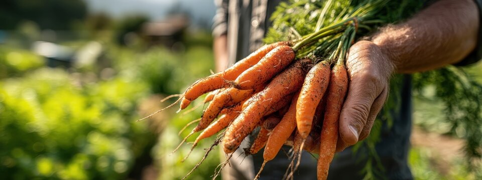 Farmer's hands holding a bunch of freshly harvested, dirt-covered organic carrots
