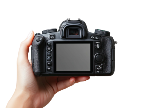 Hand holding the back of a black digital camera against a dark background