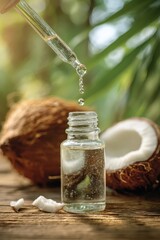 A drop of coconut oil falling from a dropper into a bottle with coconut and palm leaves