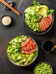 salmon, avocado and edamame bean bowl