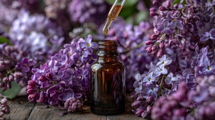 A drop of essential oil falling from a dropper into an amber bottle surrounded by lilac flowers