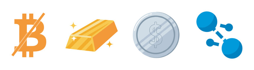 Obraz premium Illustrations of a crossed-out bitcoin symbol, a gold bar with sparkles, a crossed-out silver coin with a dollar sign, and a blue molecule structure.