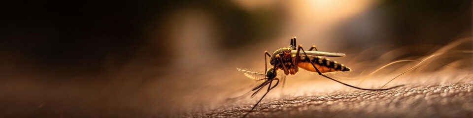 Extreme close-up macro shot of a mosquito perched on human skin in sunlight