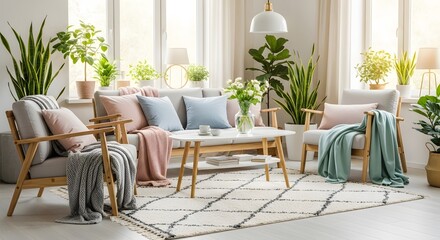 Modern Cozy Living Room Interior with Pastel Decor and Houseplants