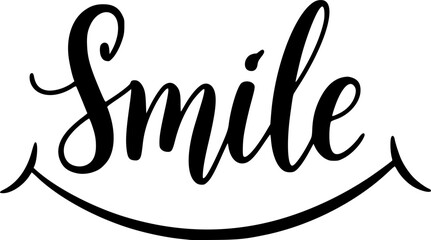 Handwritten calligraphy of the word smile in elegant black lettering on a white background
