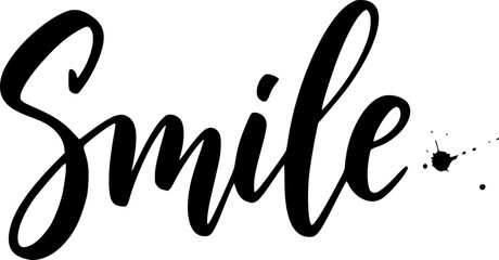 Handwritten calligraphy of the word smile in elegant black lettering on a white background
