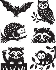 Obraz premium Cute woodland creatures collection, bat, owl, raccoon, monkey