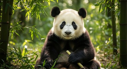 Obraz premium Giant Panda Enjoying Bamboo in Lush Forest Habitat.