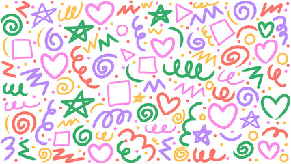 Doodle background with stars, squares, hearts, and spiral shapes, playful pattern, abstract design
