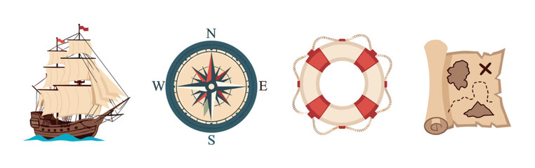 Fototapeta premium Nautical elements featuring a wooden sailing ship, a compass with cardinal points, a red and white lifebuoy, and a treasure map with an x mark.
