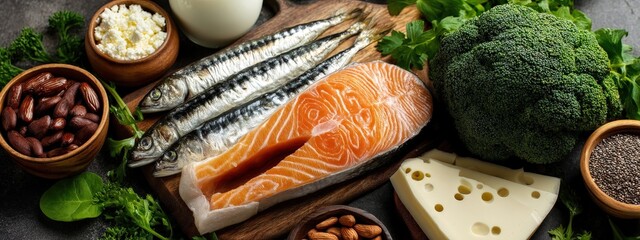 Balanced diet and healthy eating. Assortment of food sources for protein, calcium, and Omega-3