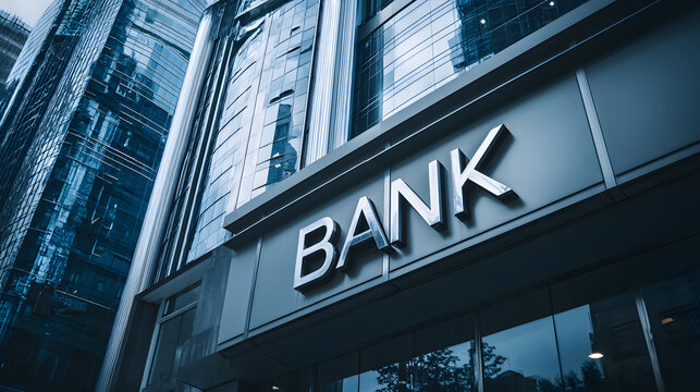 Bank sign on modern corporate financial building exterior