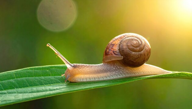 Snail Crawling on Green Leaf in Golden Sunlight Nature Macro Photo Close Up of Wild Garden Snail with Textured Shell And green Background