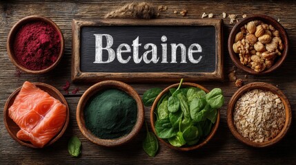 Betaine: Food sources including beets, spinach, wheat, and powdered betaine supplements