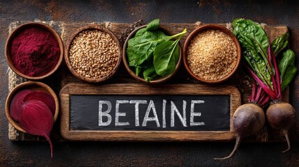 Betaine: Food sources including beets, spinach, wheat, and powdered betaine supplements