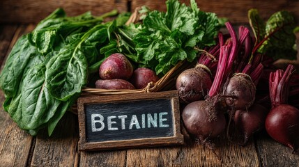 Betaine: Food sources including beets, spinach, wheat, and powdered betaine supplements