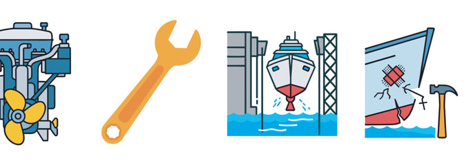 A series of colorful icons depicting a boat engine, a wrench, a ship being repaired in a dock, and a hammer fixing a hole in a ship's hull.