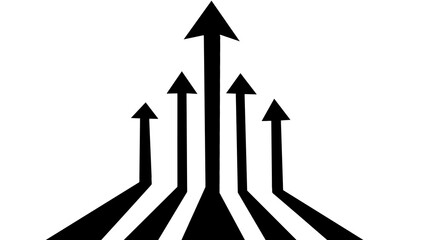 Five black upward arrows on transparent background, directional symbols, minimal design