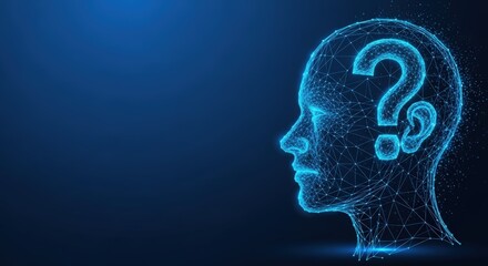 Obraz premium Digital wireframe head with a glowing question mark inside