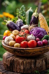 Close-up bowl with an abundant harvest of fresh autumn vegetables
