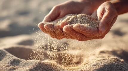 Close-up of hands gently sifting sand on a beach in the sunlight