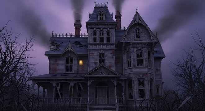 Eerie Victorian Mansion Amidst a Misty, Dark Landscape. - Powered by Adobe