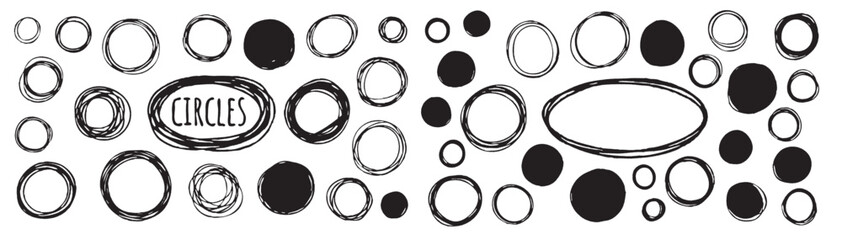 Collection of handdrawn circles and ovals isolated on white background