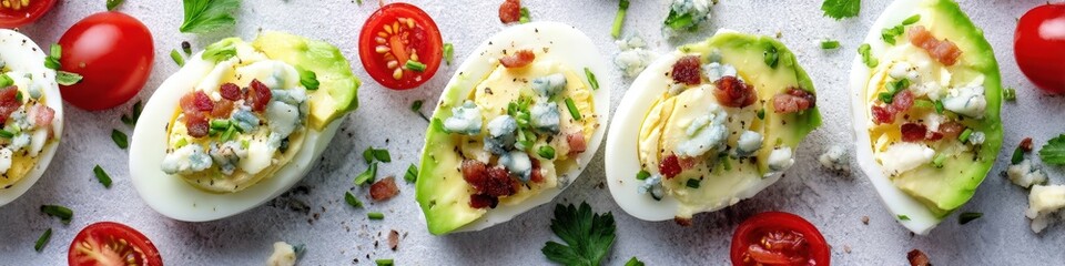 Keto Egg Salad with crumbled bacon, blue cheese, and sliced avocado