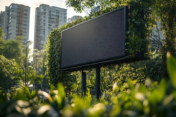 Green billboard covered in vines in a park with city buildings