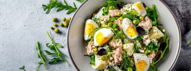 Keto salad with tuna and eggs on a light plate, garnished with fresh herbs