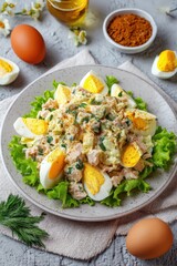 Keto salad with tuna and eggs on a light plate, garnished with fresh herbs