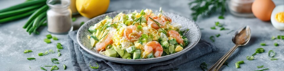 Keto salad with shrimp, avocado, egg, and cucumber on a light background