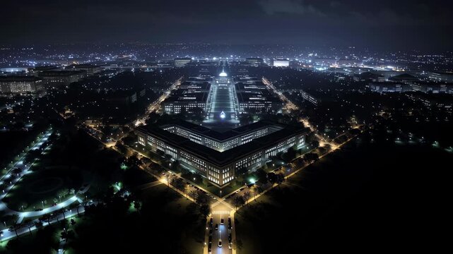 A city with a large building in the middle. The building is shaped like a triangle. Drone shot of massive darkened government shutdown complex, lights turned off, symbolic shutdown