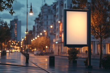 Blank illuminated billboard on a wet city street at dusk