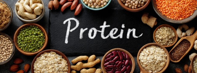 Plant-based protein sources: legumes, nuts, seeds, and grains on a dark background