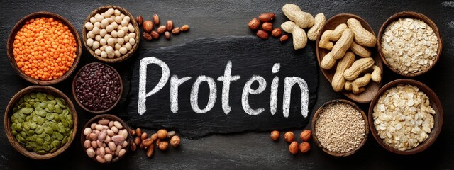 Plant-based protein sources: legumes, nuts, seeds, and grains on a dark background