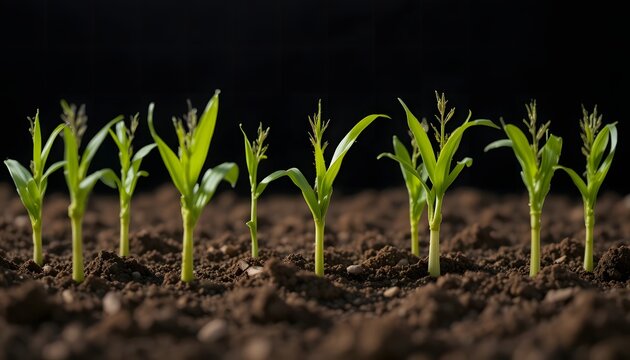 Rows of vibrant, young corn stalks emerge from rich soil against a stark black backdrop