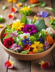 Obraz premium Colorful edible flowers and greens in a bowl