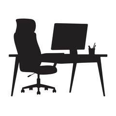Fototapeta premium Silhouette of an office desk with a computer, chair, and desk accessories, isolated on white background