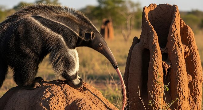 Giant anteater foraging for food at a large termite mound.