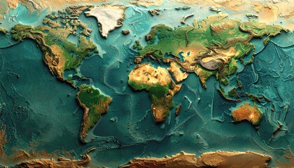 Textured World Map with Ocean Depths and Landmasses